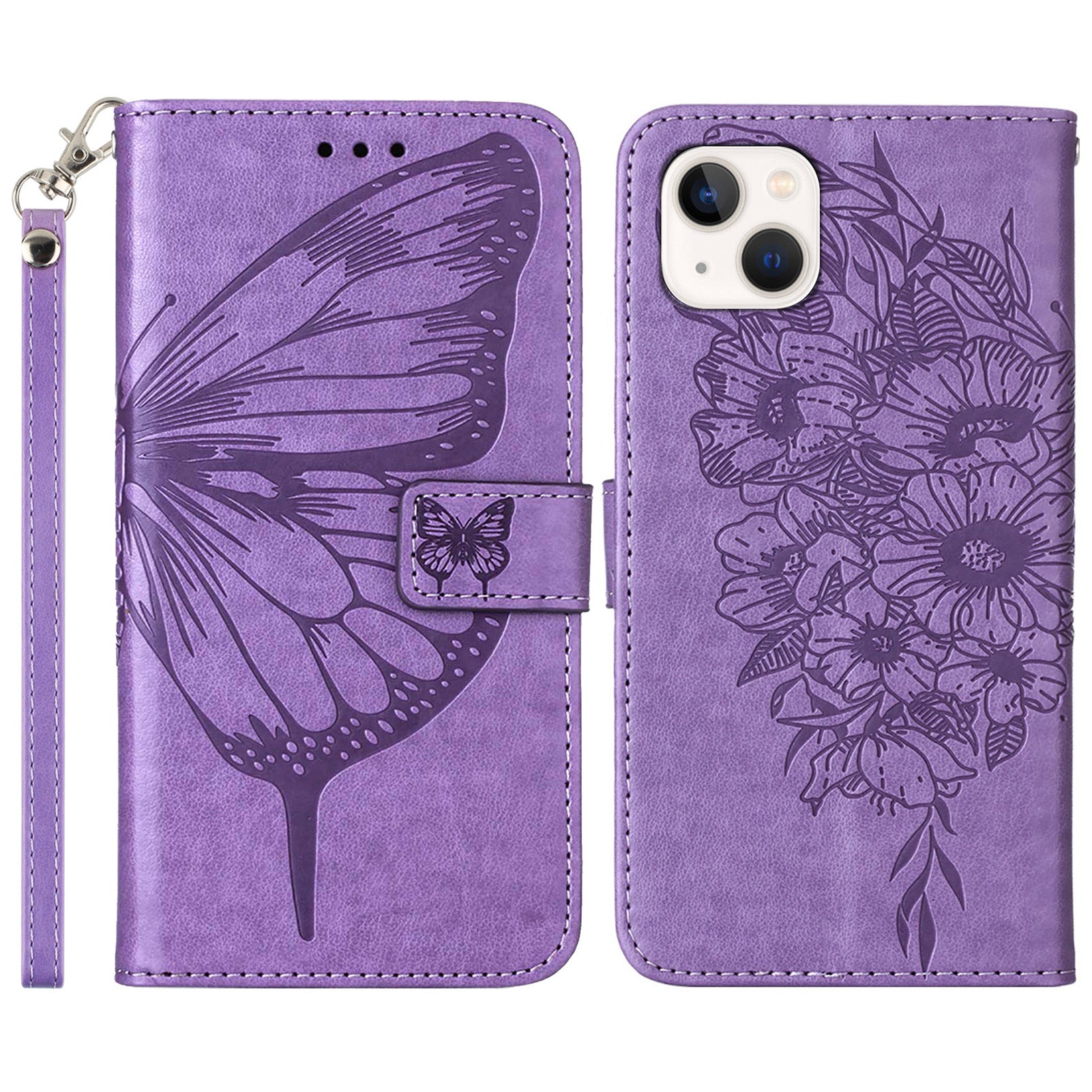 YB Imprinting Series-4 For iPhone 15 Plus Wallet Butterfly Flower Imprinted Cover PU Leather Stand Phone Case with Hand Strap - Purple YB Imprinting Series-4 For iPhone 15 Plus Wallet Butterfly Flower Imprinted Cover PU Leather Stand Phone Case with Hand Strap - Purple